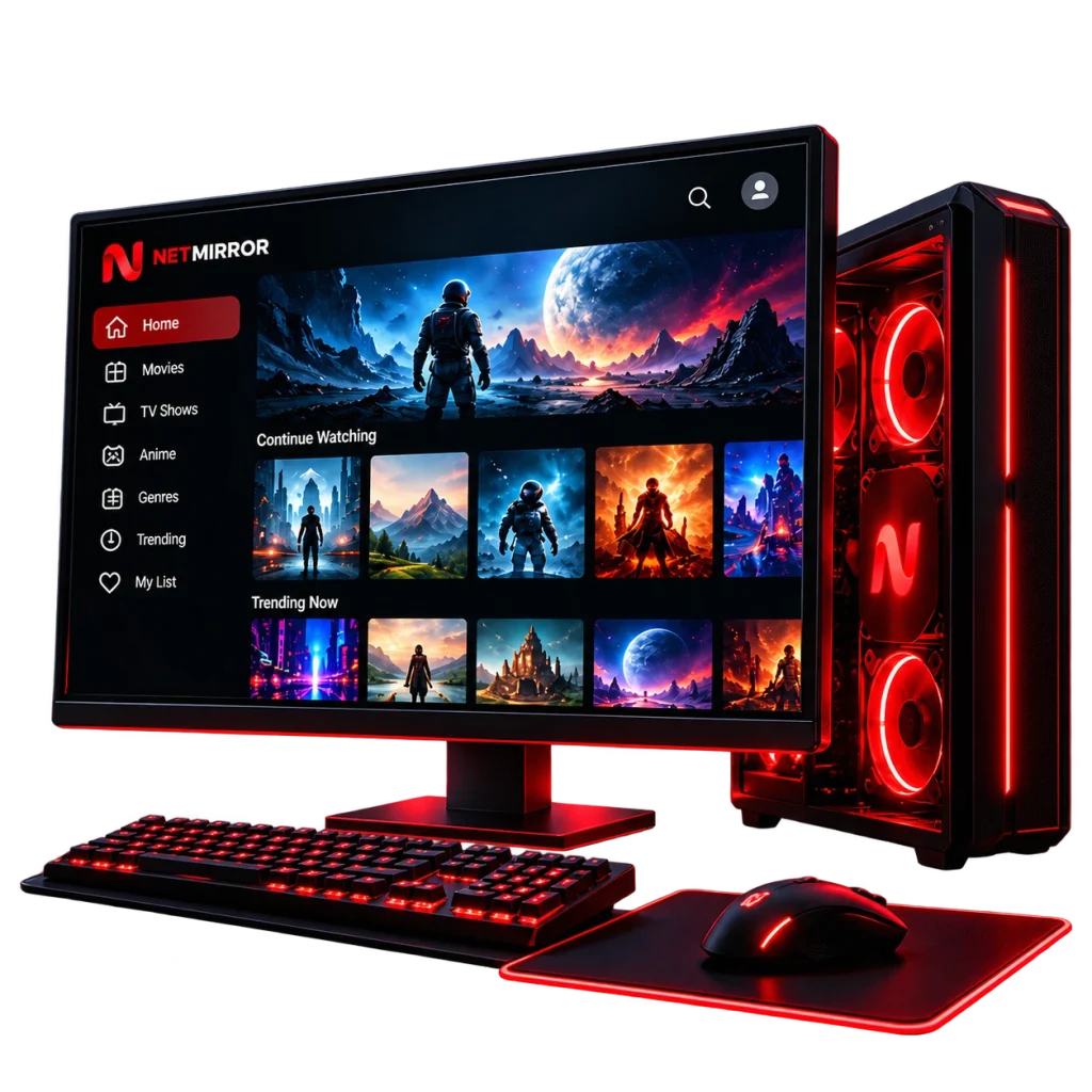 NetMirror PC setup with monitor, keyboard, mouse, and desktop tower showing the NetMirror streaming interface